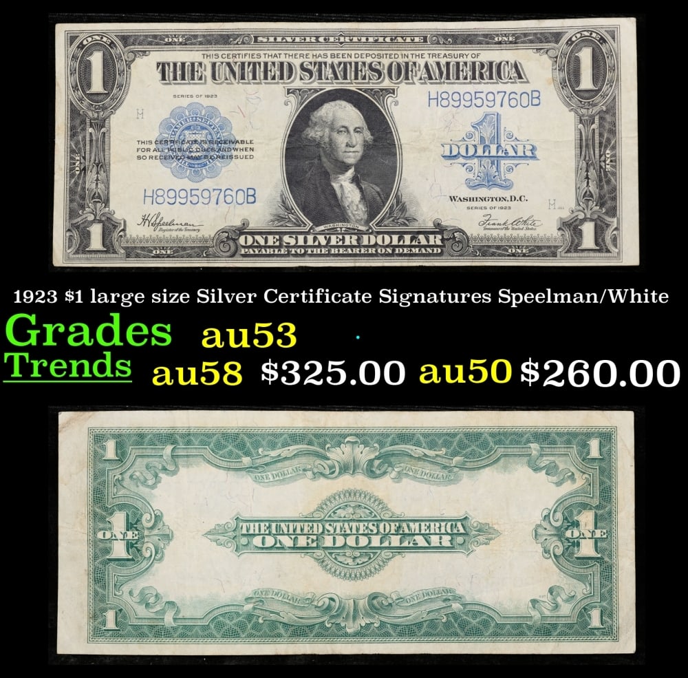 1923 $1 large size Silver Certificate Grades Select AU Signatures Speelman/White: 1923 $1 large size Silver Certificate Grades Select AU Signatures Speelman/White. Fr-237 The term “horse blanket” gets used a lot when talking about large size currency. It is most frequently