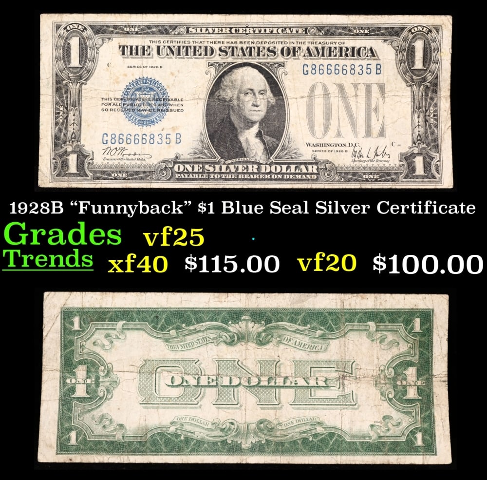 1928B $1 Blue Seal Silver Certificate "Funnyback" Grades vf+: 1928B $1 Blue Seal Silver Certificate "Funnyback" Grades vf+. FR-1602 Signatures Woods-Mills These were the first notes to be called funnybacks. The reason they are called funnybacks is because of the
