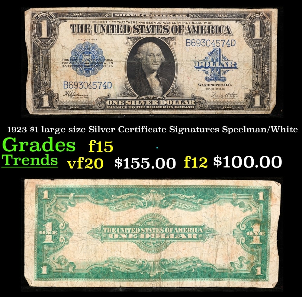 1923 $1 large size Silver Certificate Grades f+ Signatures Speelman/White: 1923 $1 large size Silver Certificate Grades f+ Signatures Speelman/White. Fr-237 The term “horse blanket” gets used a lot when talking about large size currency. It is most frequently used to