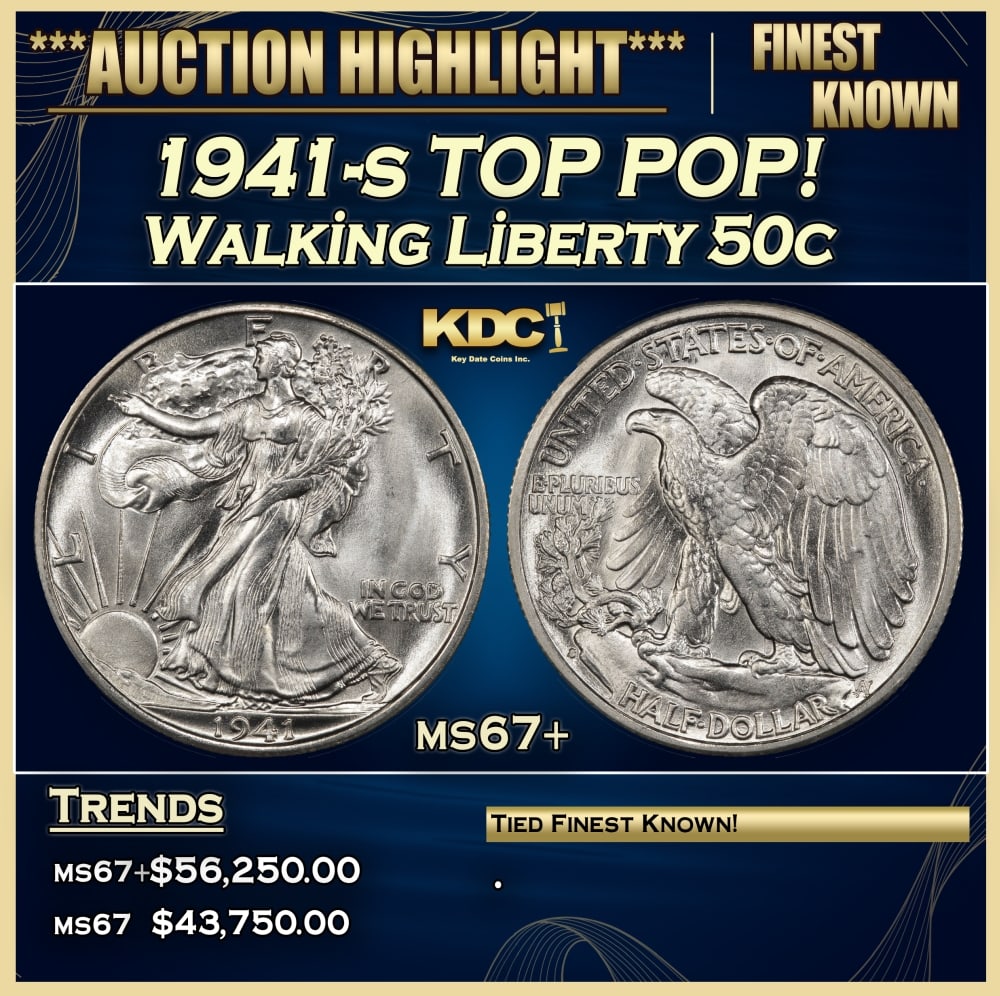 1941-s Walking Liberty Half Dollar TOP POP! 50c ms67+ SEGS: 1941-s TOP POP! Walking Liberty Half Dollar 50c ms67+ SEGS. 0