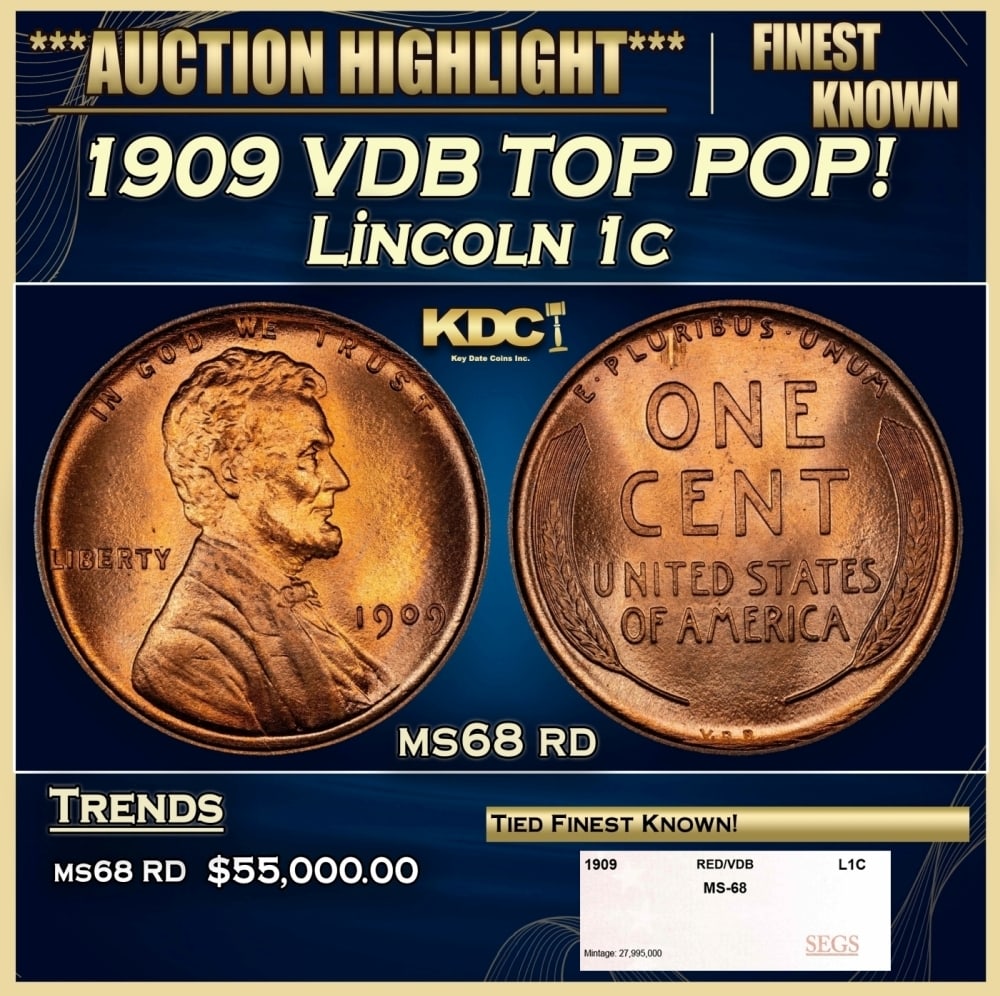 1909 VDB Lincoln Cent TOP POP! 1c ms68 rd SEGS: 1909 VDB TOP POP! Lincoln Cent 1c ms68 rd SEGS. Always sought after date. Always popular. 0