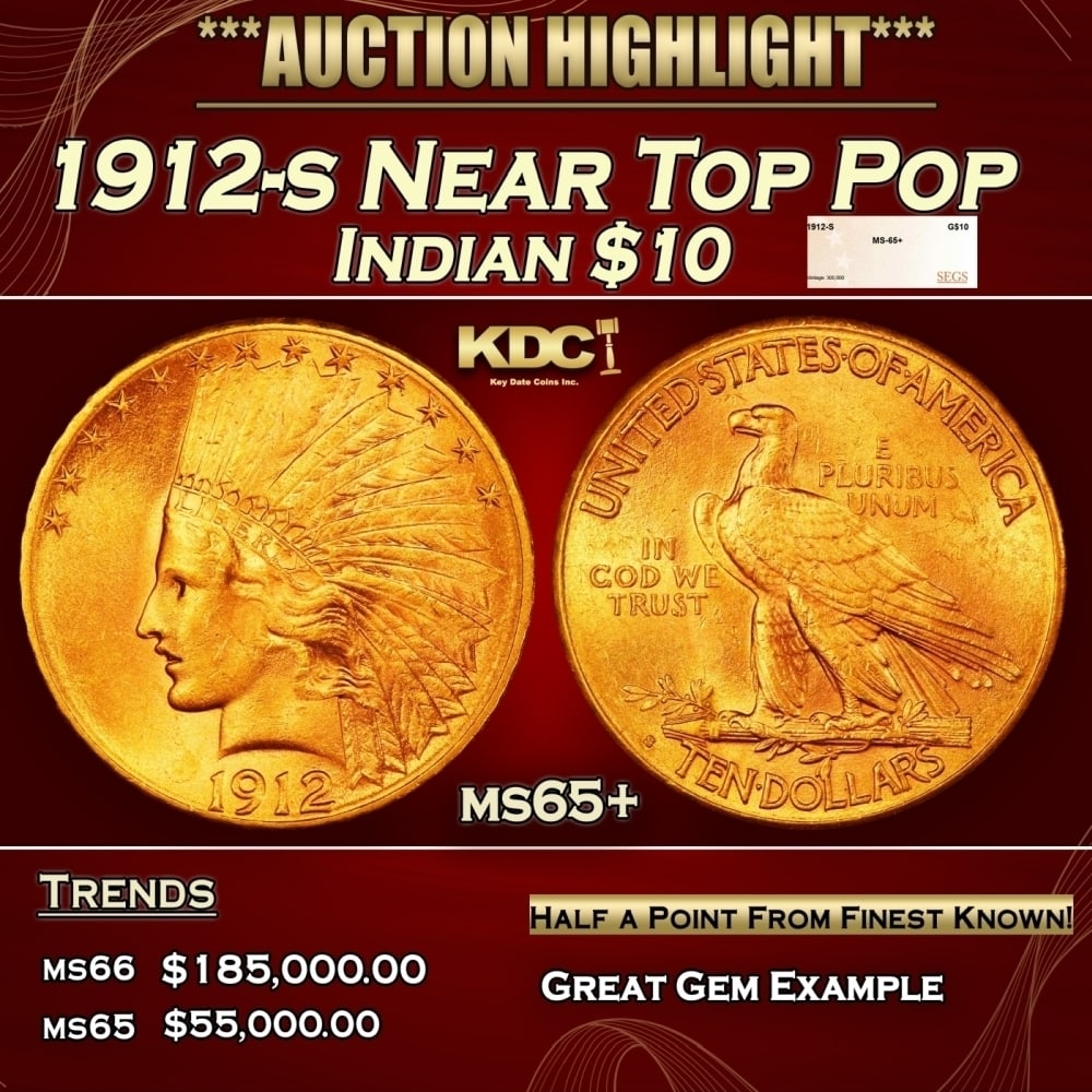 1912-s Gold Indian Eagle Near Top Pop $10 ms65+ SEGS (1 of 4)