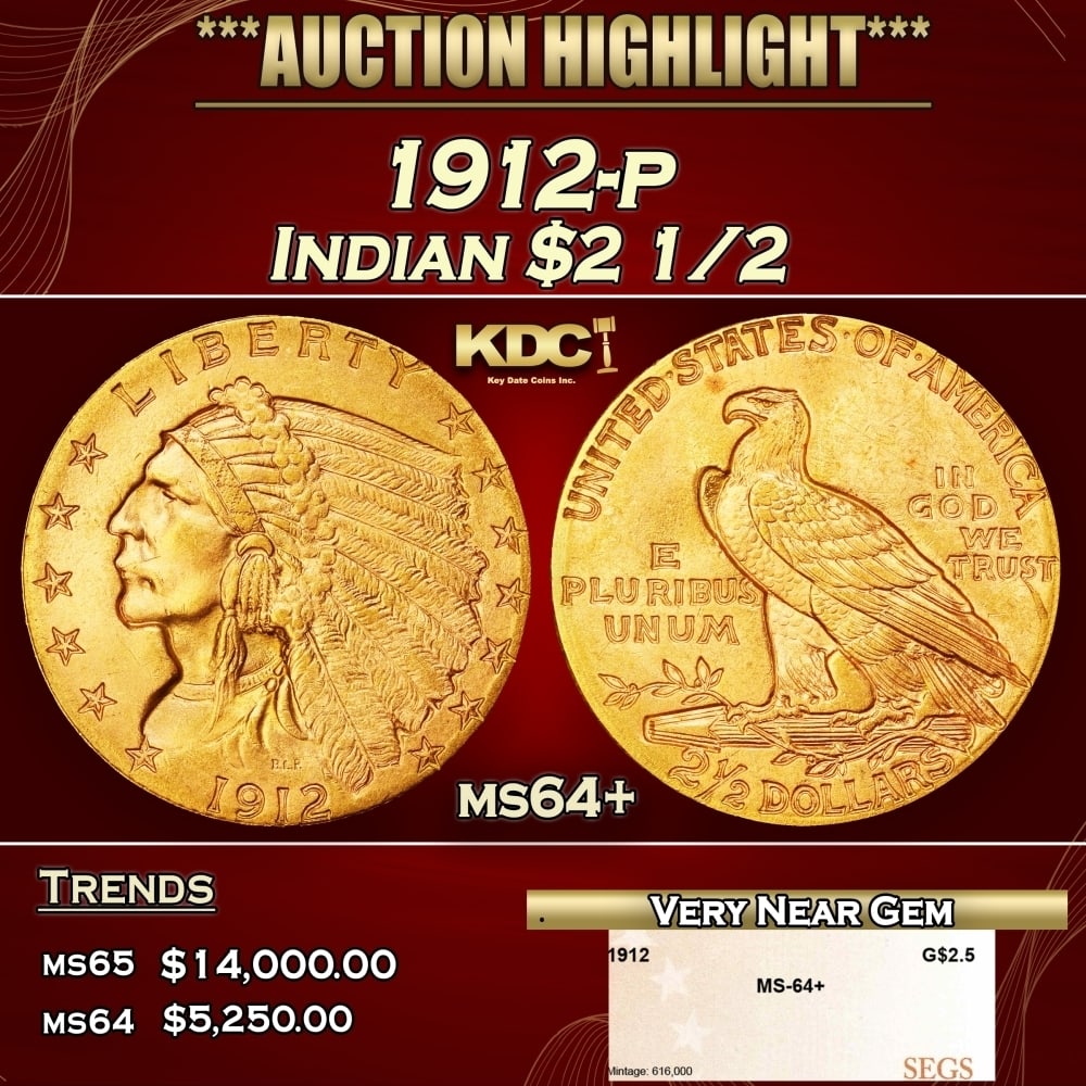1912-p Gold Indian Quarter Eagle $2 1/2 ms64+ SEGS: 1912-p Gold Indian Quarter Eagle $2 1/2 ms64+ SEGS. Historic precious metal trends is causing increased spot pricing by the day. On auctions with set openings, we are doing our best to have items pric