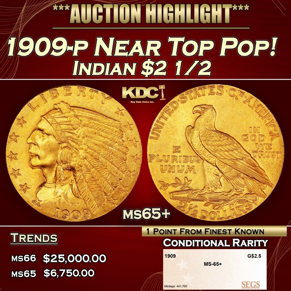 1909-p Gold Indian Quarter Eagle Near Top Pop! $2 1/2 ms65+ SEGS: 1909-p Near Top Pop! Gold Indian Quarter Eagle $2 1/2 ms65+ SEGS. Historic precious metal trends is causing increased spot pricing by the day. On auctions with set openings, we are doing our best to h