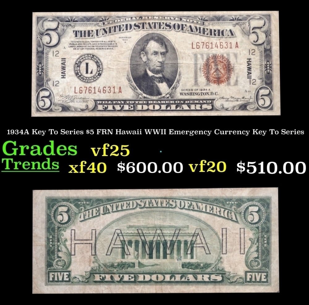 1934A $5 FRN Hawaii WWII Emergency Currency Grades vf+ (1 of 3)