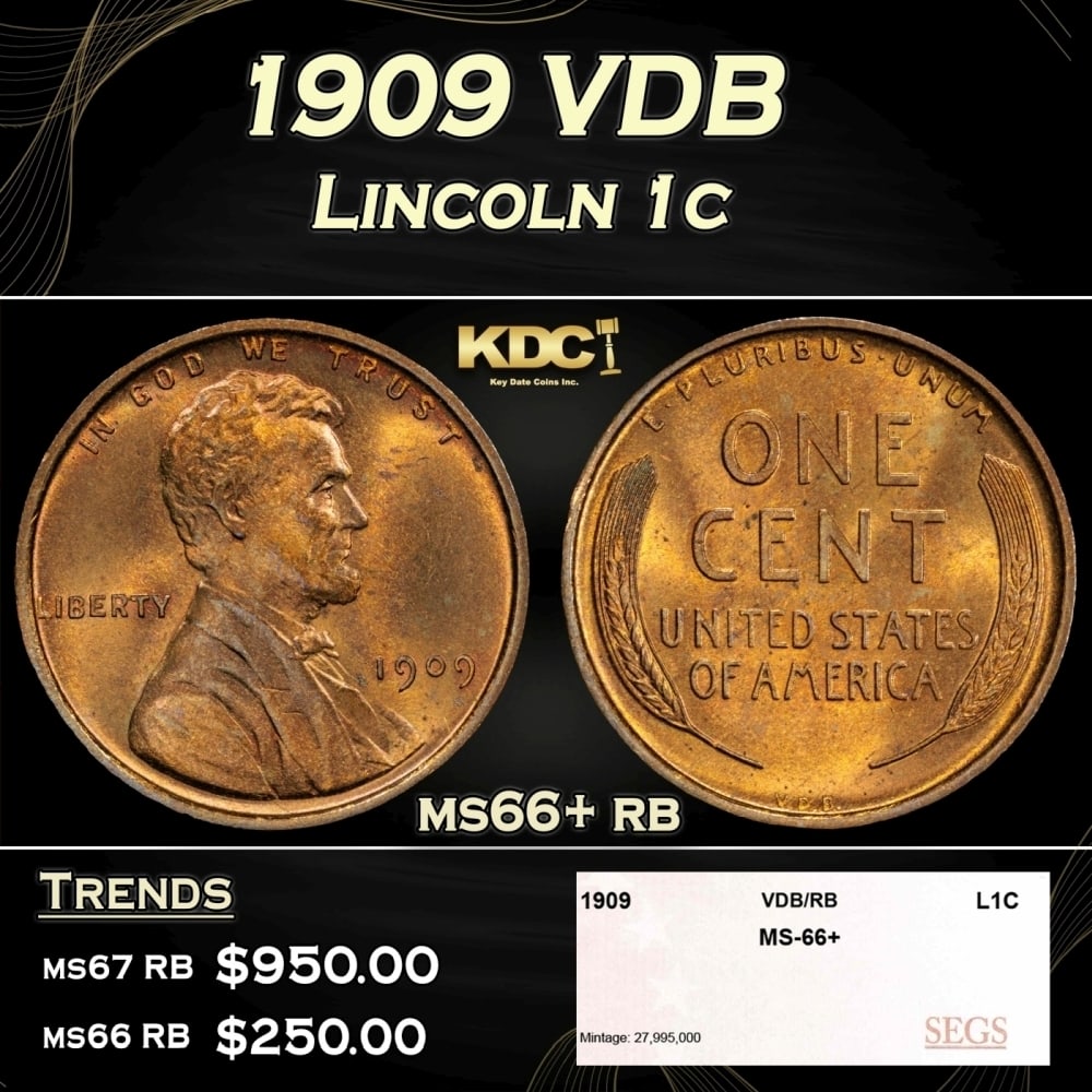 1909 VDB Lincoln Cent 1c ms66+ rb SEGS (1 of 4)