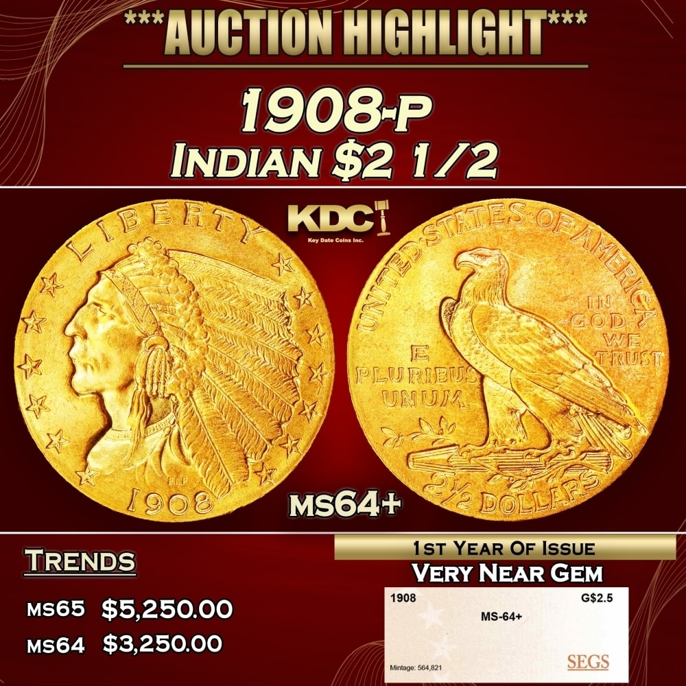 1908-p Gold Indian Quarter Eagle $2 1/2 ms64+ SEGS: 1908-p Gold Indian Quarter Eagle $2 1/2 ms64+ SEGS. Historic precious metal trends is causing increased spot pricing by the day. On auctions with set openings, we are doing our best to have items pric
