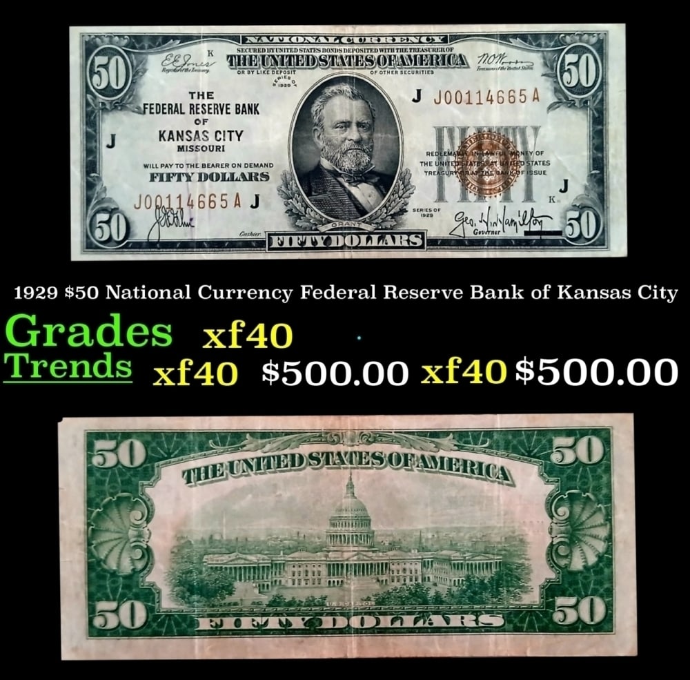 1929 $50 National Currency Federal Reserve Bank of Kansas City Grades xf (1 of 3)