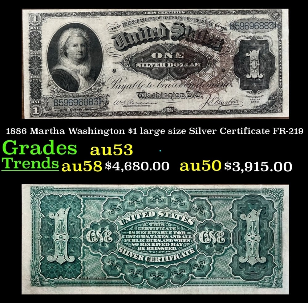 1886 Rosecrans/Huston FR-219 $1 large size Silver Certificate Grades Select AU (1 of 3)