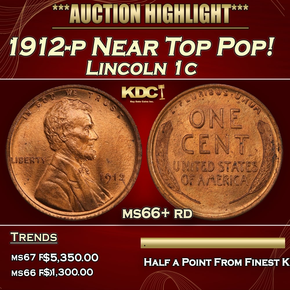 1912-p Lincoln Cent Near Top Pop! 1c ms66+ rd SEGS (1 of 3)