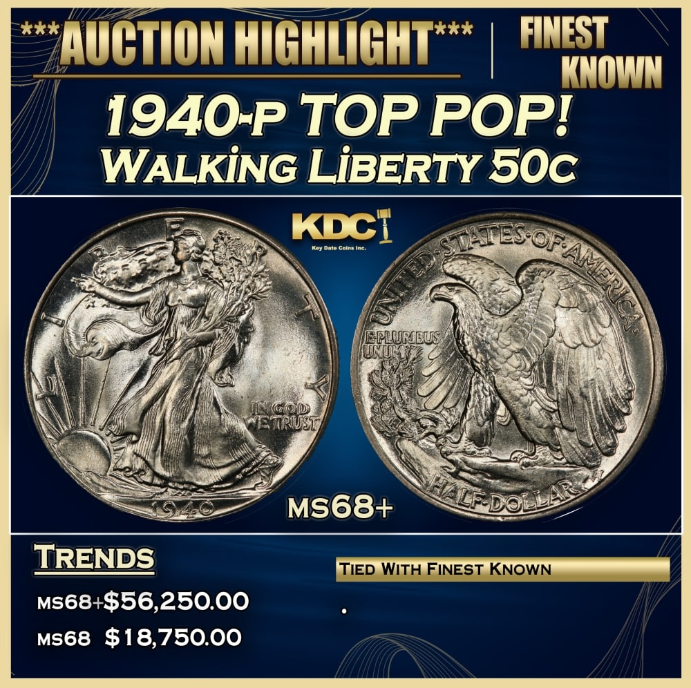 1940-p Walking Liberty Half Dollar TOP POP! 50c ms68+ SEGS: 1940-p TOP POP! Walking Liberty Half Dollar 50c ms68+ SEGS. 0