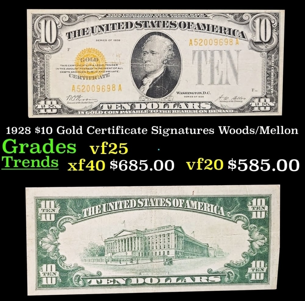 1928 $10 Gold Certificate Grades vf+ (1 of 3)