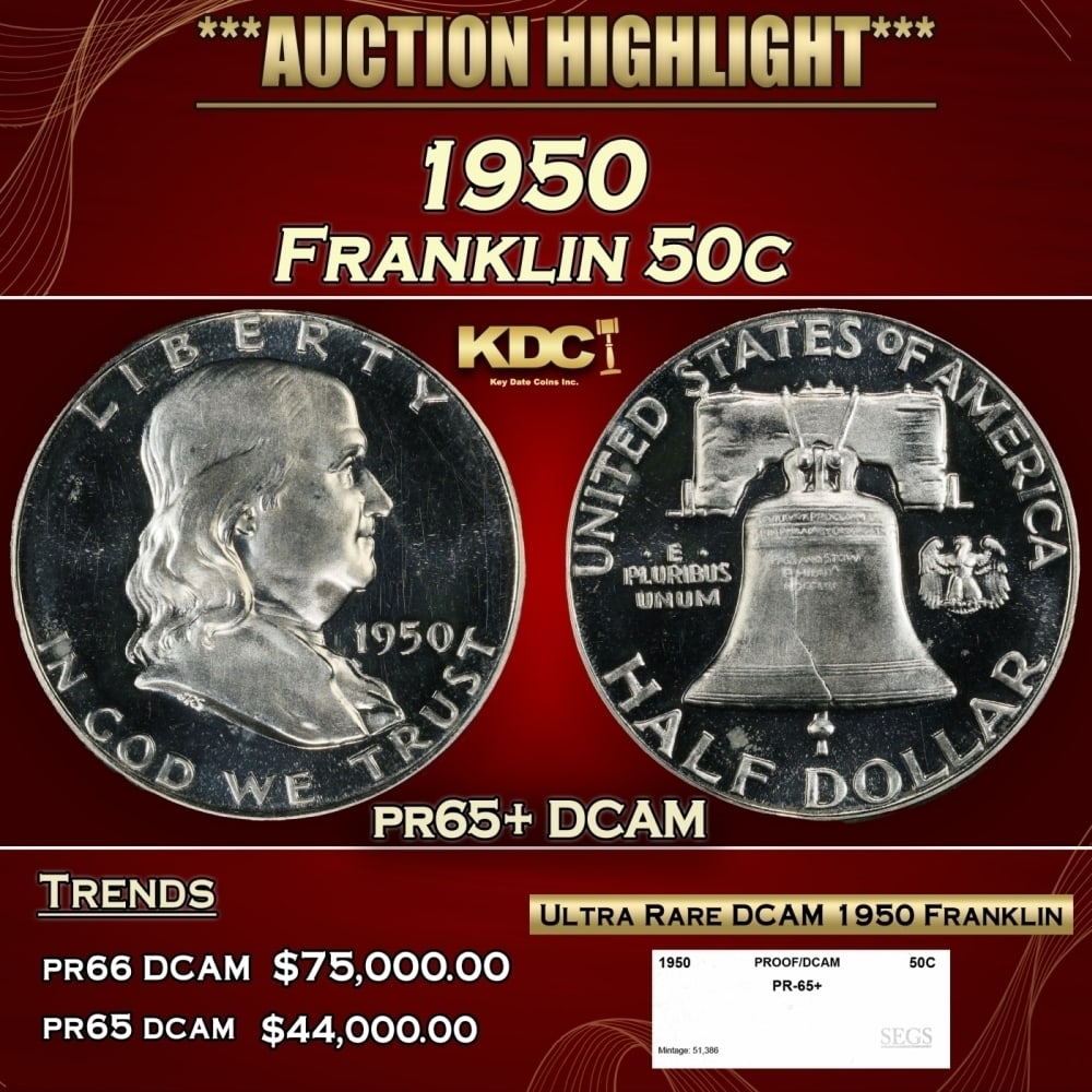 1950 Proof Franklin Half Dollar 50c pr65+ DCAM SEGS (1 of 4)
