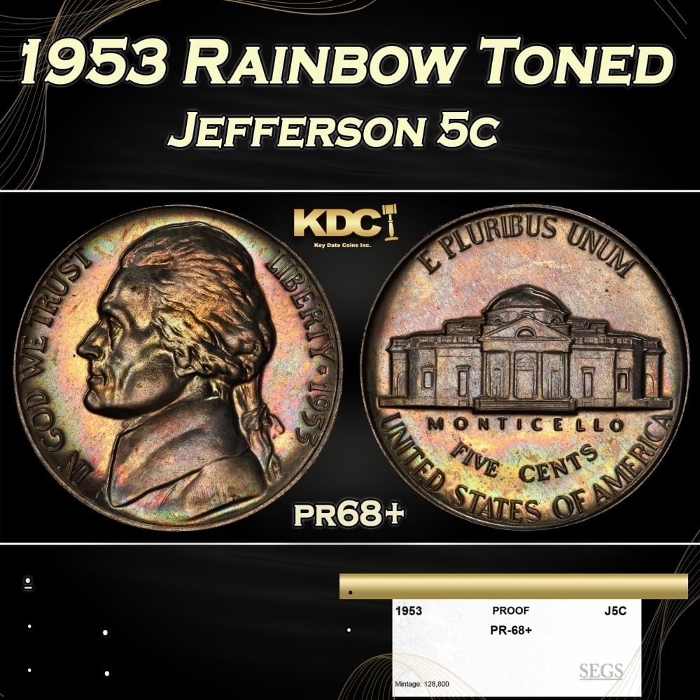 1953 Proof Jefferson Nickel Rainbow Toned 5c pr68+ SEGS (1 of 4)