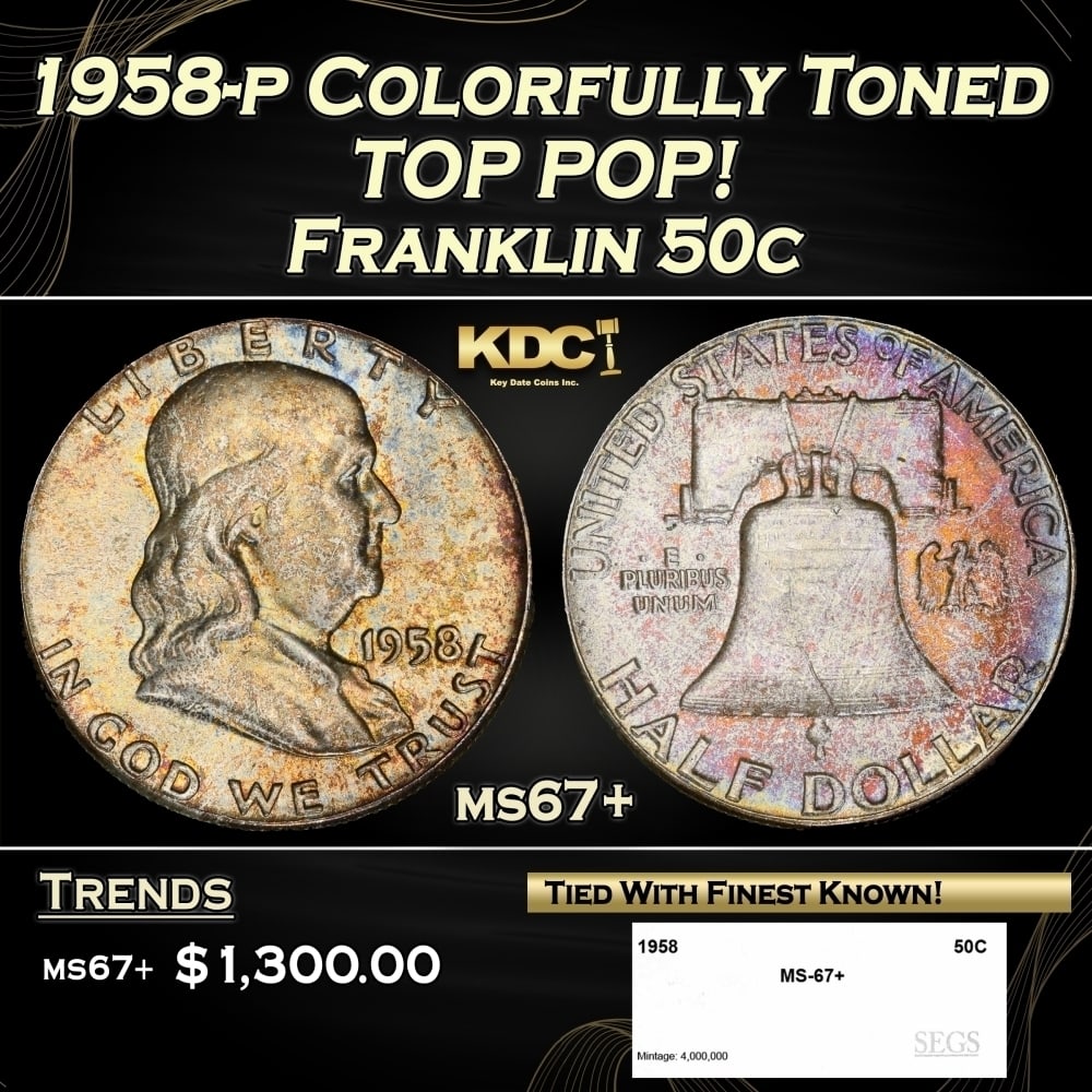 1958-p Franklin Half Dollar Colorfully Toned TOP POP! 50c ms67+ SEGS: 1958-p Colorfully Toned TOP POP! Franklin Half Dollar 50c ms67+ SEGS. 0