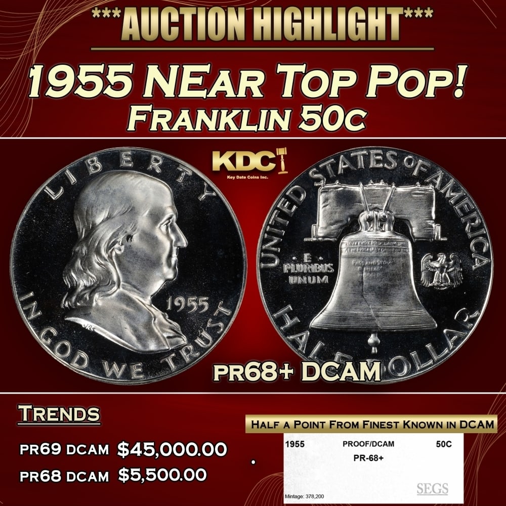 1955 Proof Franklin Half Dollar NEar Top Pop! 50c pr68+ DCAM SEGS: 1955 NEar Top Pop! Franklin Half Dollar 50c pr68+ DCAM SEGS. Historic precious metal trends is causing increased spot pricing by the day. On auctions with set openings, we are doing our best to have i