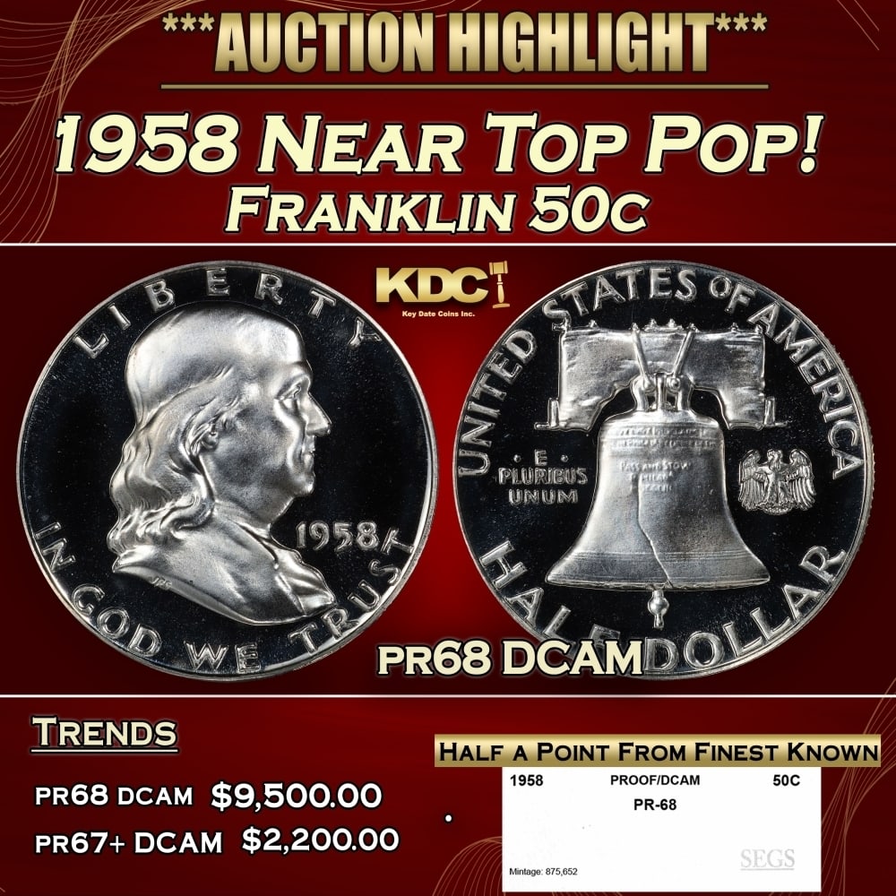 1958 Proof Franklin Half Dollar Near Top Pop! 50c pr68 DCAM SEGS: 1958 Near Top Pop! Franklin Half Dollar 50c pr68 DCAM SEGS. Historic precious metal trends is causing increased spot pricing by the day. On auctions with set openings, we are doing our best to have it