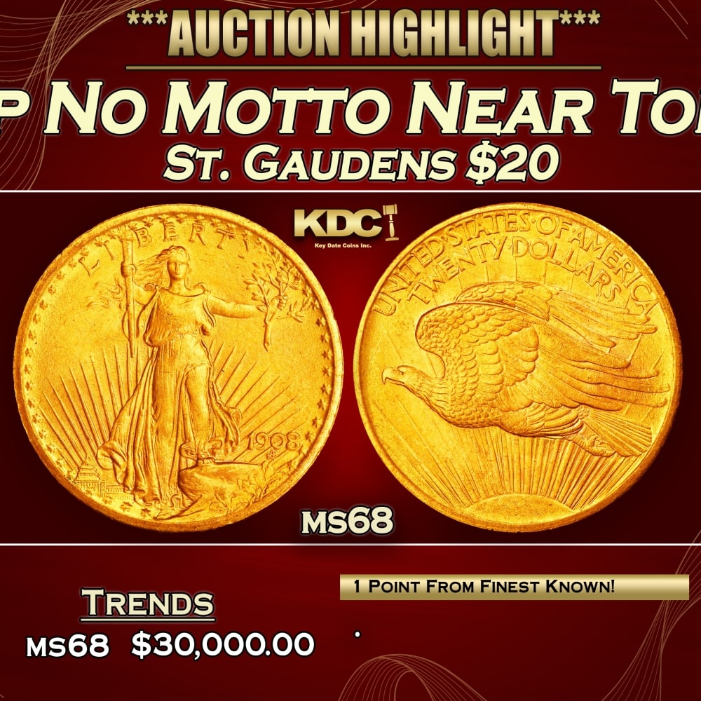 1908-p No Motto Gold St. Gaudens Double Eagle Near Top Pop! $20 ms68 SEGS (1 of 3)