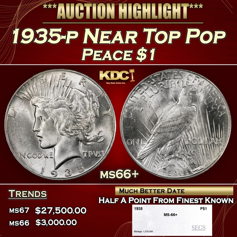 1935-p Peace Dollar Near Top Pop $1 ms66+ SEGS (1 of 4)