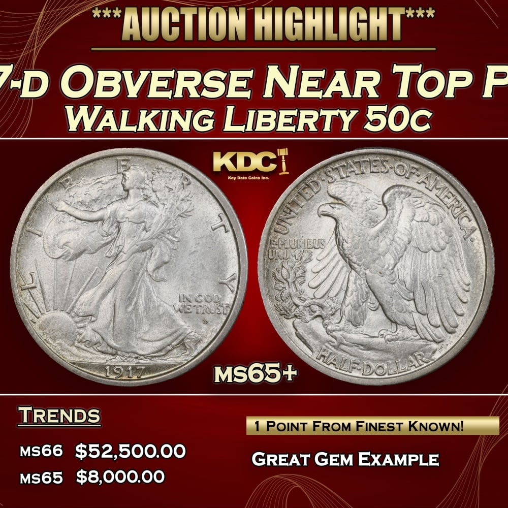 1917-d Obverse Walking Liberty Half Dollar Near Top Pop! 50c ms65+ SEGS (1 of 3)