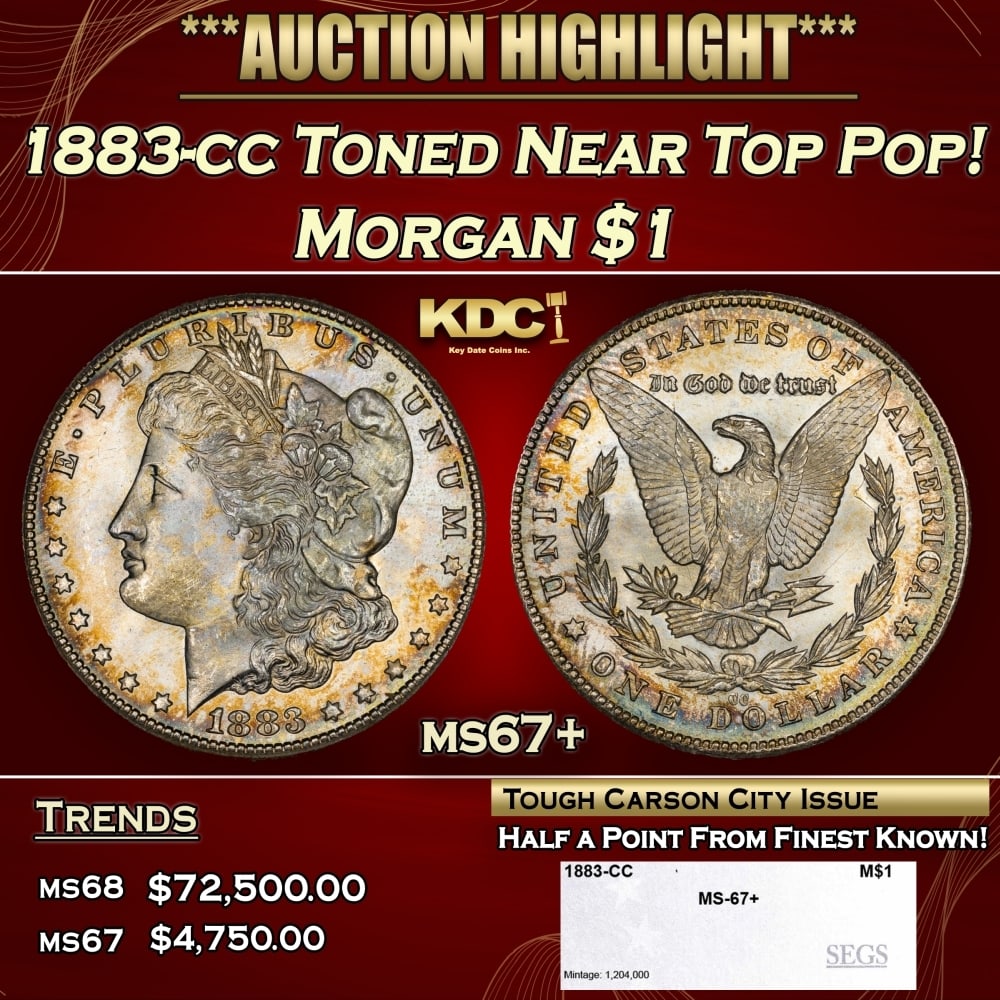 1883-cc Morgan Dollar Toned Near Top Pop! $1 ms67+ SEGS (1 of 4)