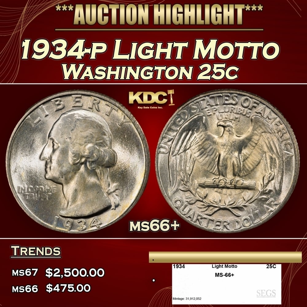 1934-p Washington Quarter Light Motto 25c ms66+ SEGS (1 of 4)