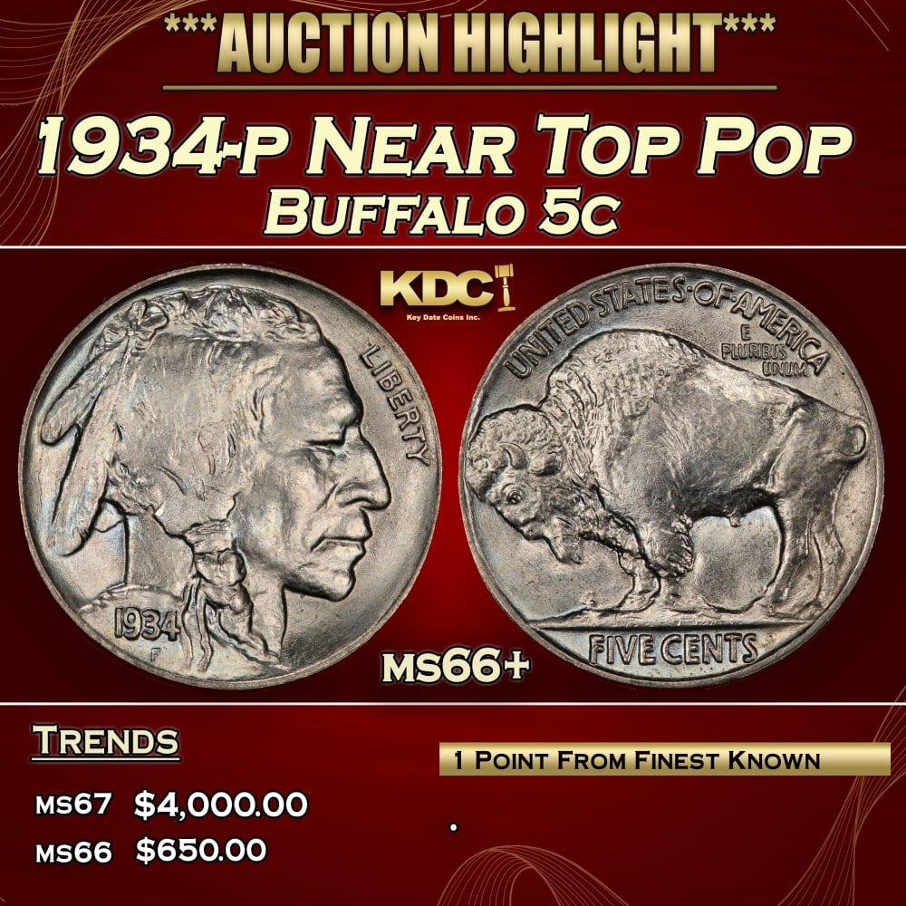 1934-p Buffalo Nickel Near Top Pop 5c ms66+ SEGS (1 of 3)