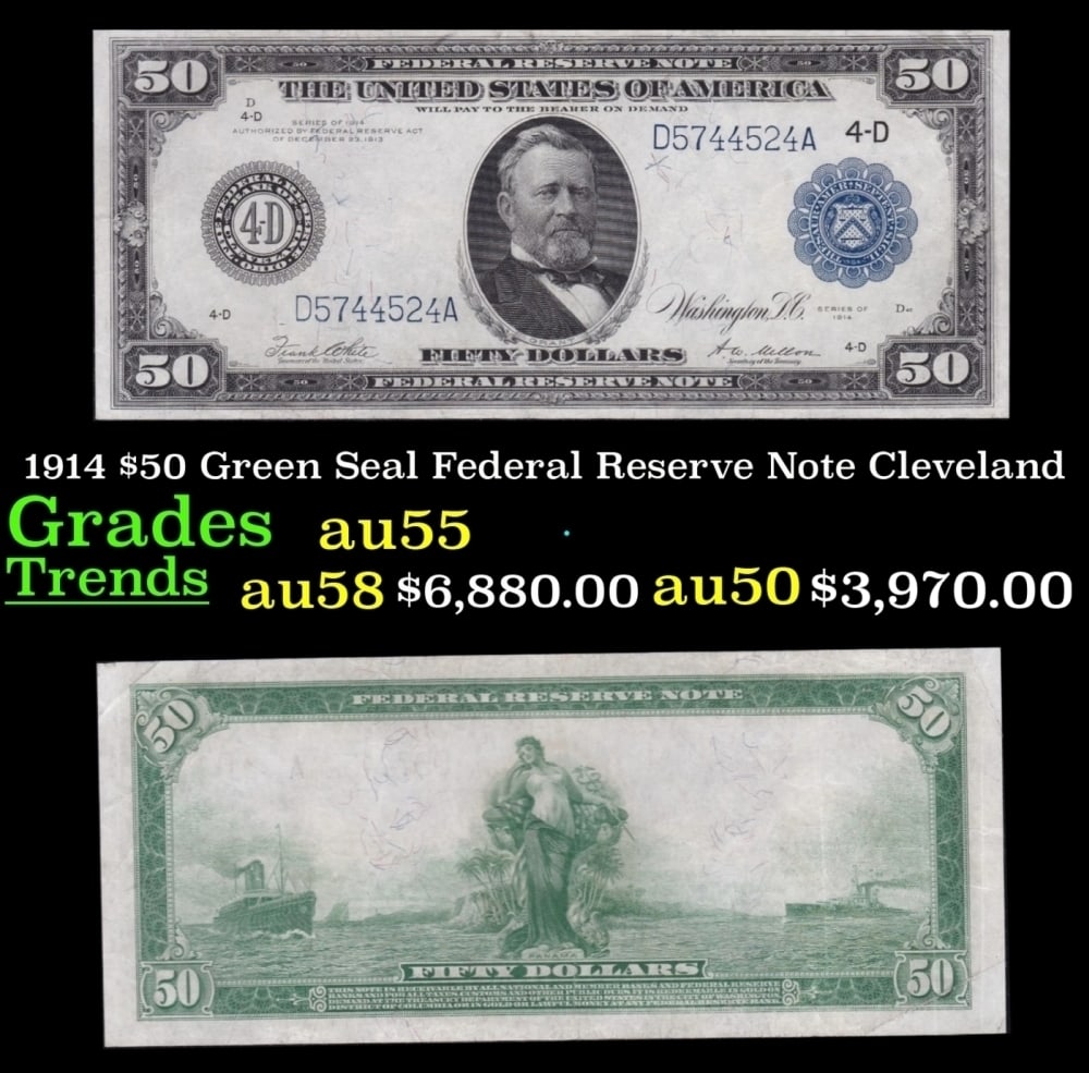 1914 FR-1039 Cleveland $50 Green Seal Federal Reserve Note Grades Choice AU (1 of 3)