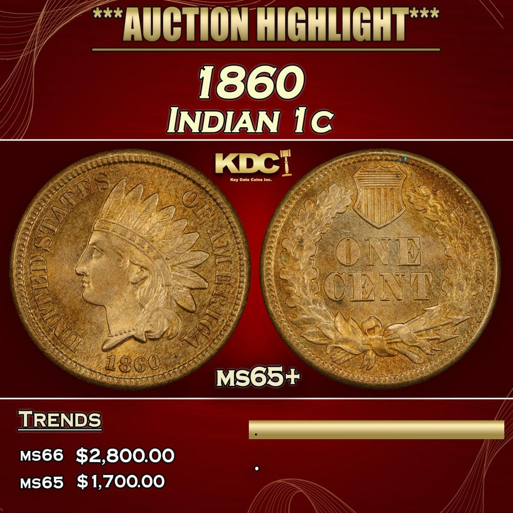 1860 Indian Cent 1c ms65+ SEGS (1 of 3)