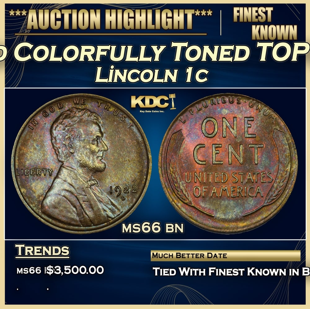 1922-d Lincoln Cent Colorfully Toned TOP POP! 1c ms66 bn SEGS (1 of 3)