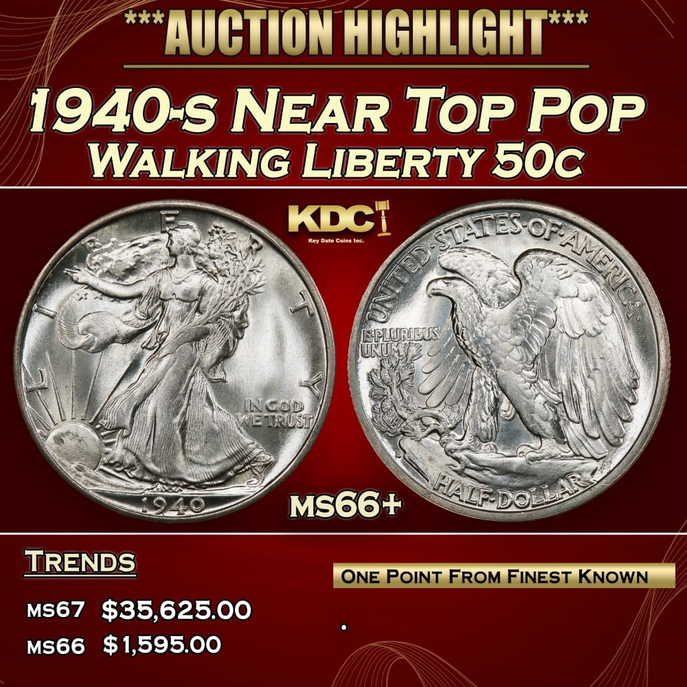 1940-s Walking Liberty Half Dollar Near Top Pop 50c ms66+ SEGS: 1940-s Near Top Pop Walking Liberty Half Dollar 50c ms66+ SEGS. 0