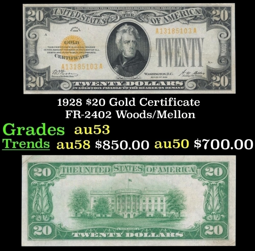 1928 $20 Gold Certificate Grades Select AU (1 of 3)