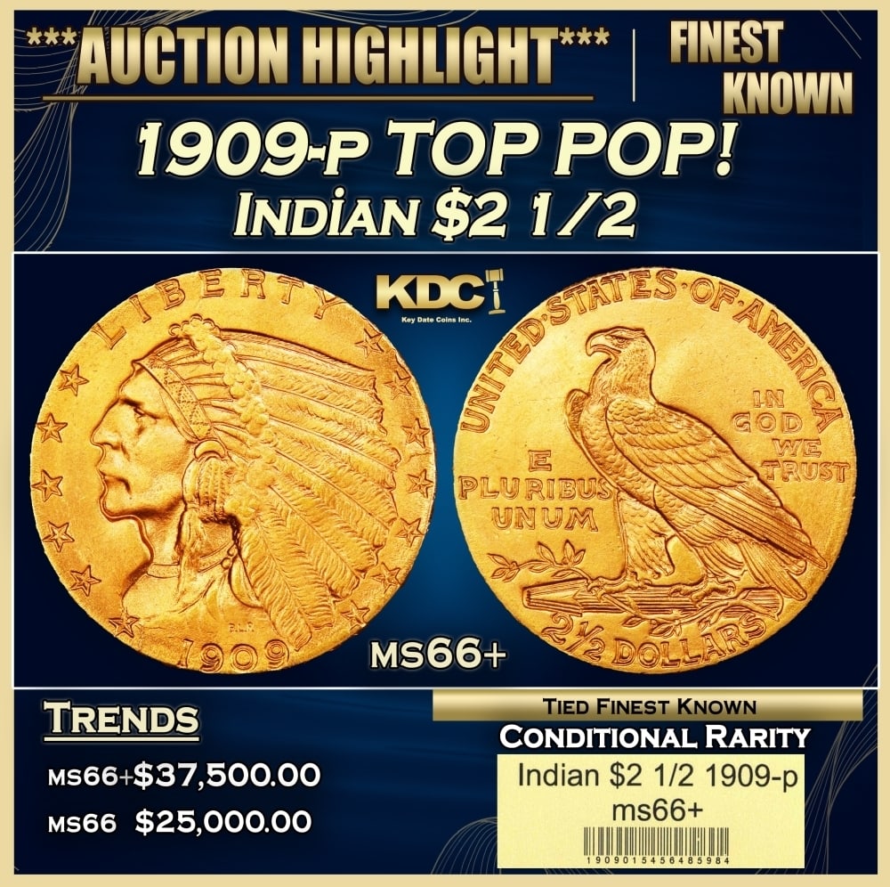 1909-p Gold Indian Quarter Eagle TOP POP! $2 1/2 ms66+ USCG: 1909-p TOP POP! Gold Indian Quarter Eagle $2 1/2 ms66+ USCG. The sunken relief of Bela Lyon Pratt's Indian quarter eagle design was a first on circulating U.S. coinage. The design lacked a protective