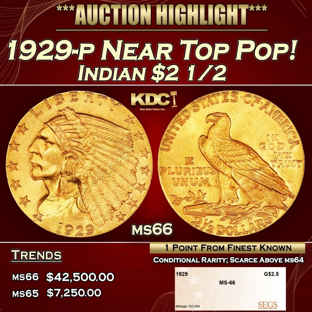 1929-p Gold Indian Quarter Eagle Near Top Pop! $2 1/2 ms66 SEGS: 1929-p Near Top Pop! Gold Indian Quarter Eagle $2 1/2 ms66 SEGS. Per David Akers Of PCGS "This is an unusual issue in that it is easy to find in MS-63 or lower condition but surprisingly difficult to