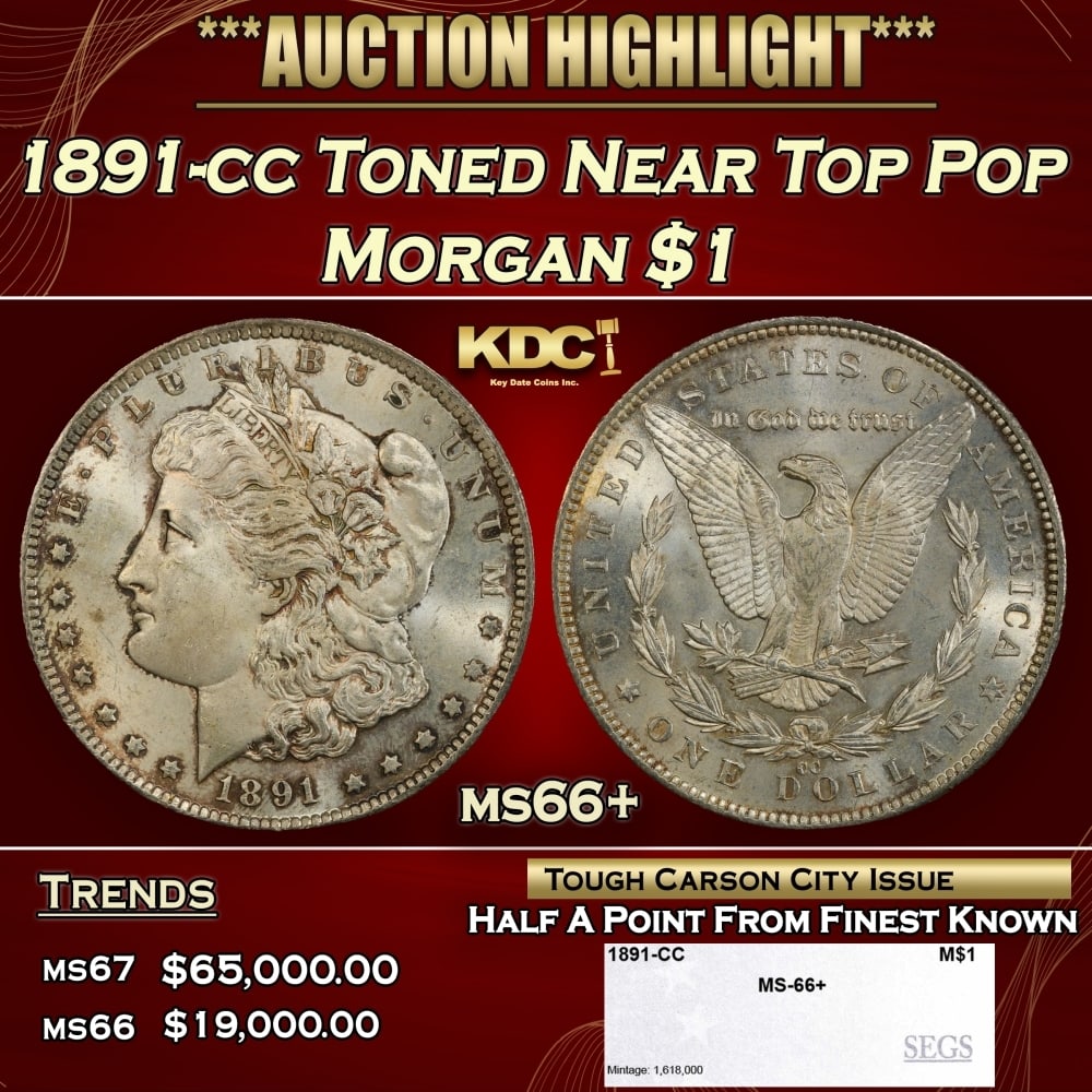 1891-cc Morgan Dollar Toned Near Top Pop $1 ms66+ SEGS (1 of 4)