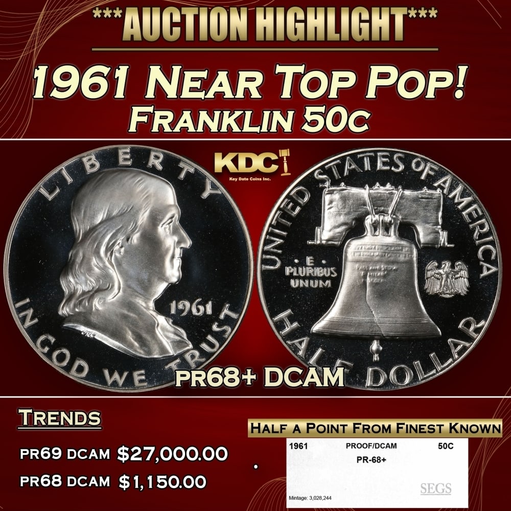 1961 Proof Franklin Half Dollar Near Top Pop! 50c pr68+ DCAM SEGS: 1961 Near Top Pop! Franklin Half Dollar 50c pr68+ DCAM SEGS. Historic precious metal trends is causing increased spot pricing by the day. On auctions with set openings, we are doing our best to have i