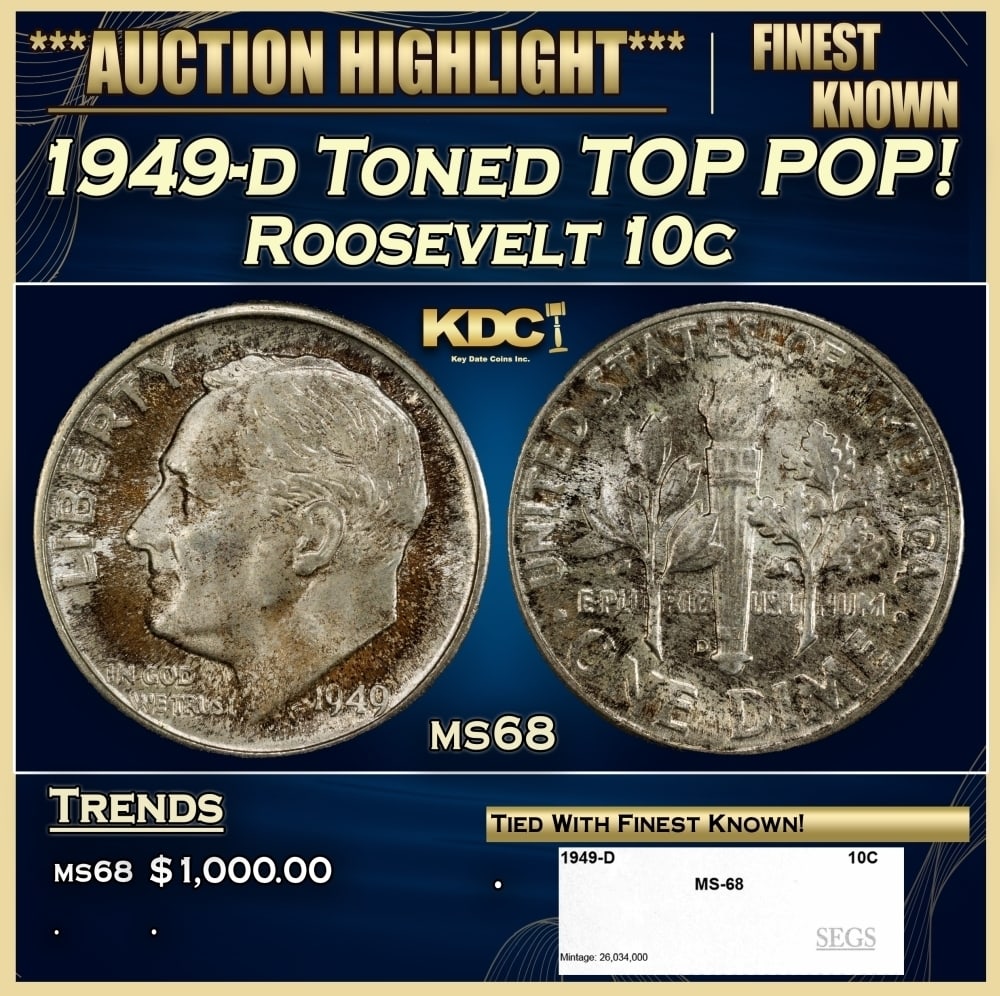 1949-d Roosevelt Dime Toned TOP POP! 10c ms68 SEGS (1 of 4)