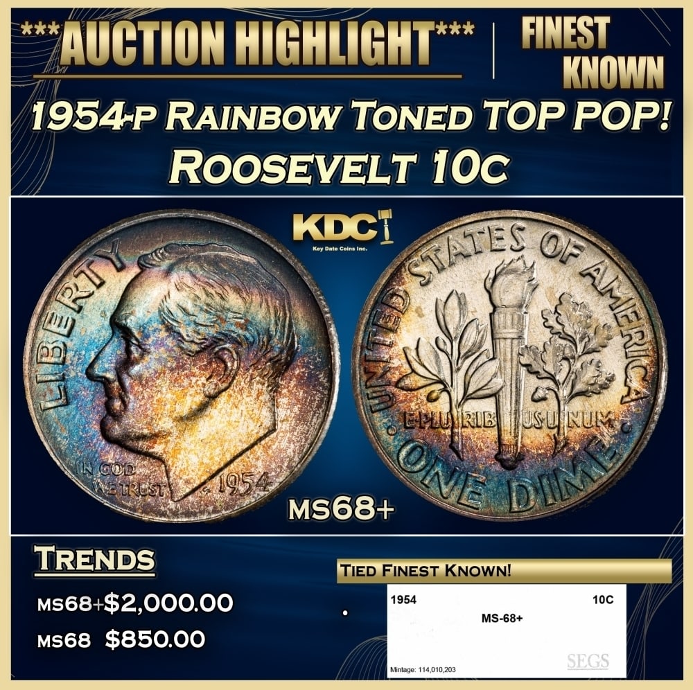 1954-p Roosevelt Dime Rainbow Toned TOP POP! 10c ms68+ SEGS (1 of 4)