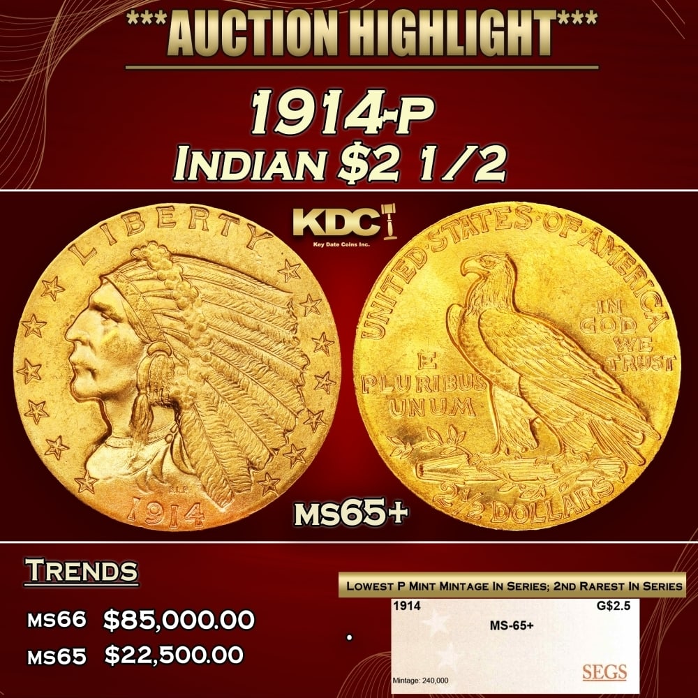 1914-p Gold Indian Quarter Eagle $2 1/2 ms65+ SEGS: 1914-p Gold Indian Quarter Eagle $2 1/2 ms65+ SEGS. The 1914 Indian quarter eagle boasts the lowest mintage of any Philadelphia issue of the series, at a mere 240,000 pieces. The 1914 is also widely c