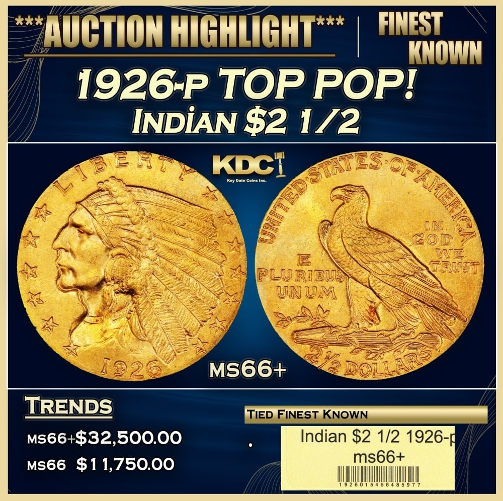 1926-p Gold Indian Quarter Eagle TOP POP! $2 1/2 ms66+ USCG (1 of 4)