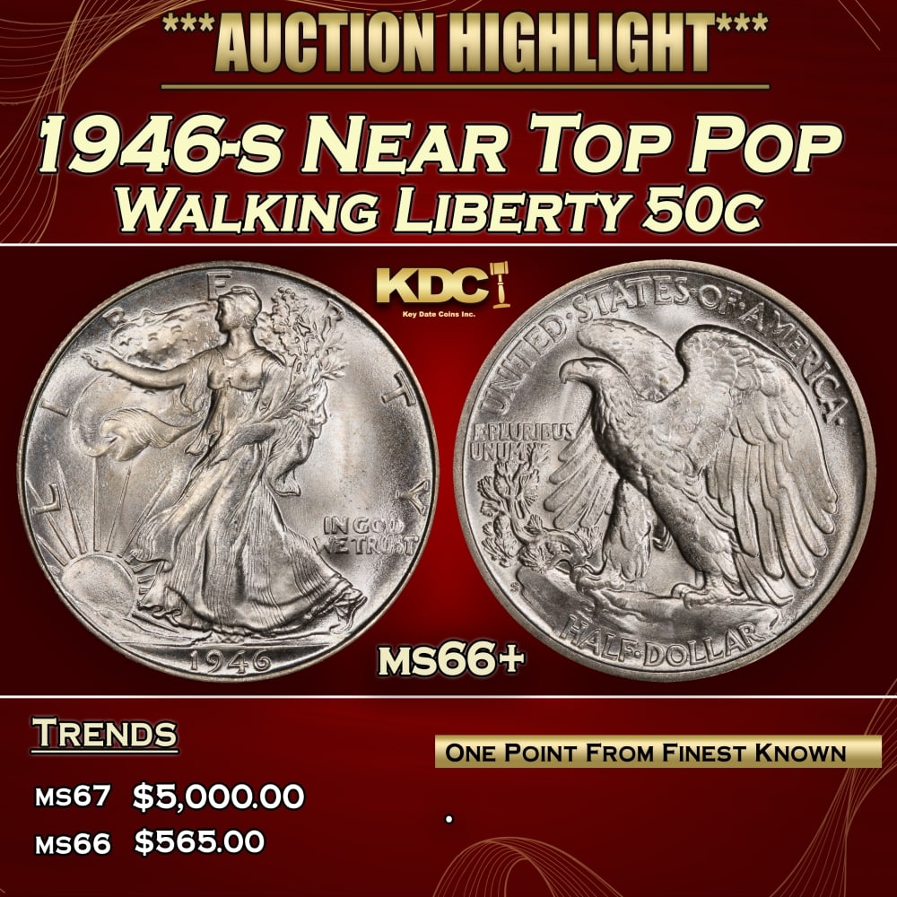 1946-s Walking Liberty Half Dollar Near Top Pop 50c ms66+ SEGS: 1946-s Near Top Pop Walking Liberty Half Dollar 50c ms66+ SEGS. 0
