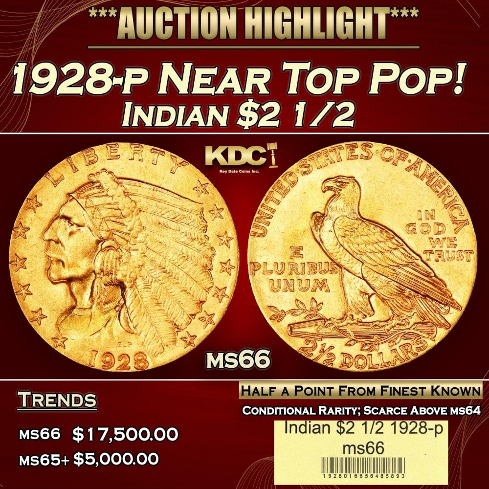1928-p Gold Indian Quarter Eagle Near Top Pop! $2 1/2 ms66 USCG: 1928-p Near Top Pop! Gold Indian Quarter Eagle $2 1/2 ms66 USCG. Per David Akers of PCGS" The 1928 is slightly more rare overall than the 1926 and 1927 and although MS-63 or lesser quality specimens a