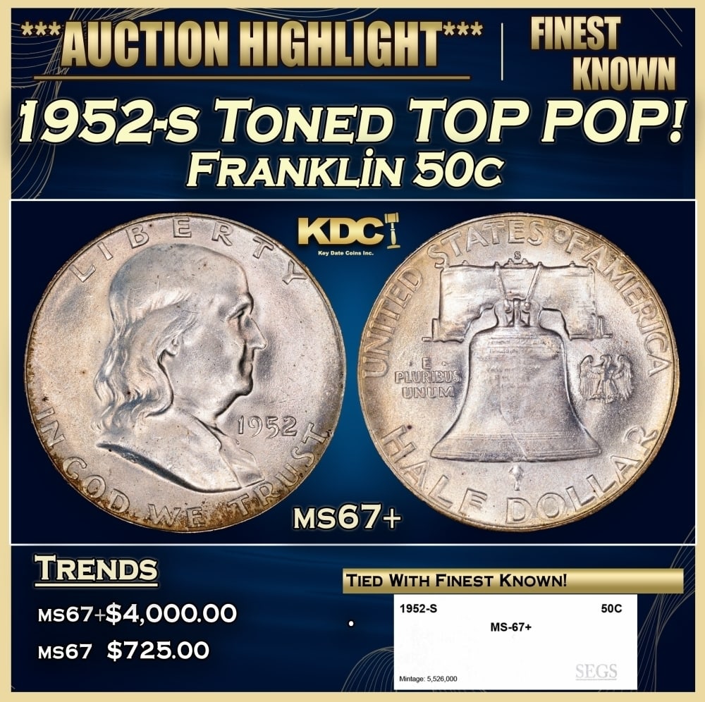 1952-s Franklin Half Dollar Toned TOP POP! 50c ms67+ SEGS: 1952-s Toned TOP POP! Franklin Half Dollar 50c ms67+ SEGS. 0