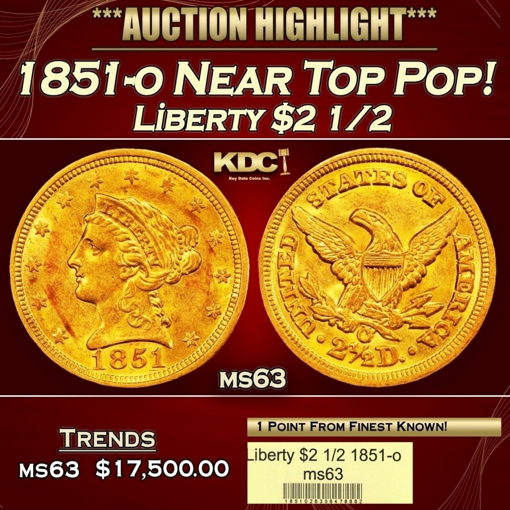 1851-o Gold Liberty Quarter Eagle Near Top Pop! $2 1/2 ms63 USCG (1 of 4)