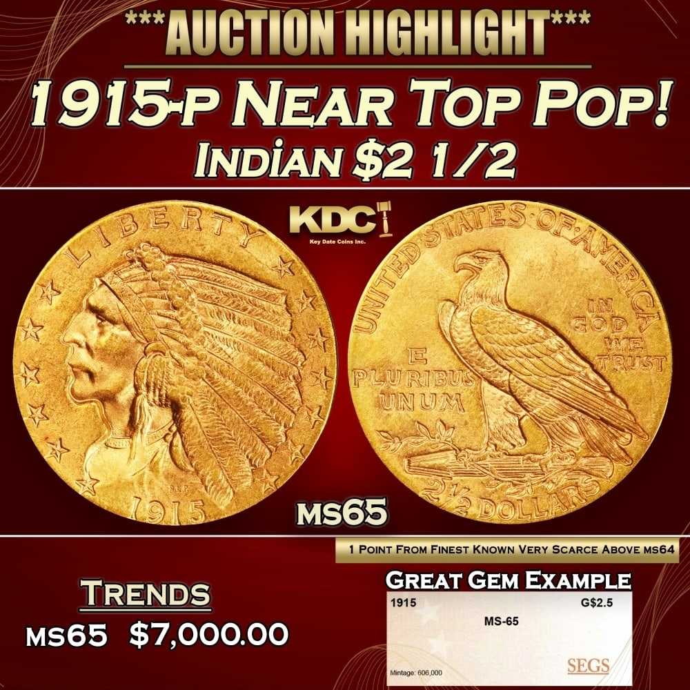 1915-p Gold Indian Quarter Eagle Near Top Pop! $2 1/2 ms65 SEGS: 1915-p Near Top Pop! Gold Indian Quarter Eagle $2 1/2 ms65 SEGS. The 1915 survives in great numbers through MS64, but like most other issues in Bela Lyon Pratt's Indian quarter eagle series, the popul