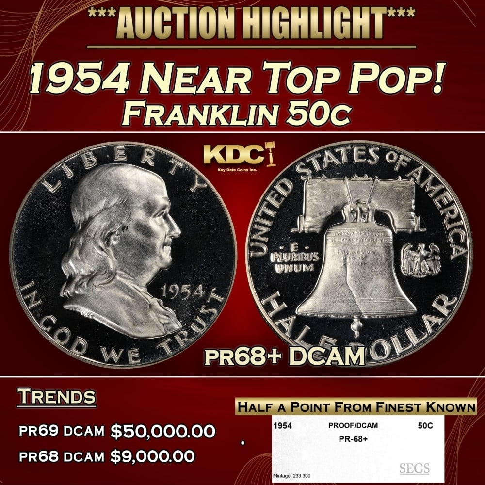 1954 Proof Franklin Half Dollar Near Top Pop! 50c pr68+ DCAM SEGS: 1954 Near Top Pop! Franklin Half Dollar 50c pr68+ DCAM SEGS. ameo contrast is strong and pronounced, the surfaces expertly preserved and approaching numismatic perfection. Although plentiful in an abs