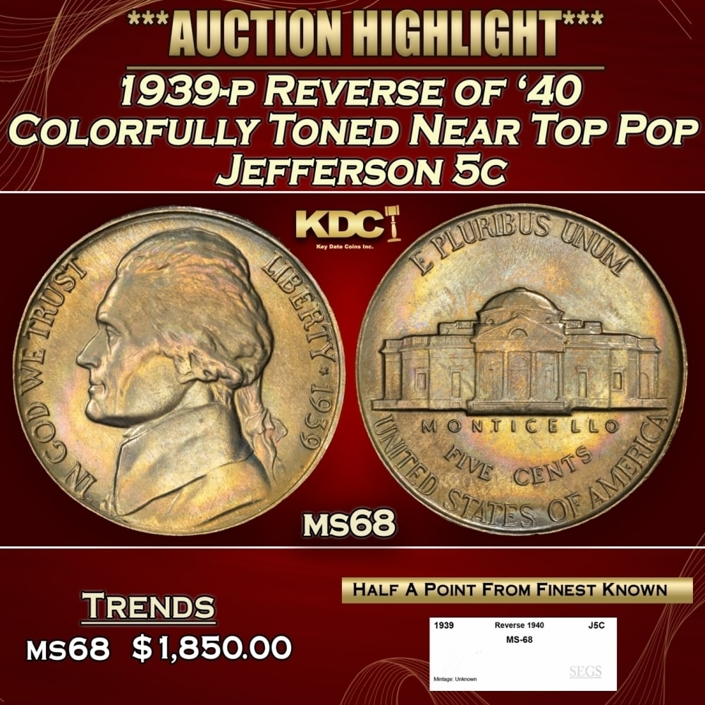 1939-p Reverse of '40 Jefferson Nickel Colorfully Toned Near Top Pop 5c ms68 SEGS (1 of 4)