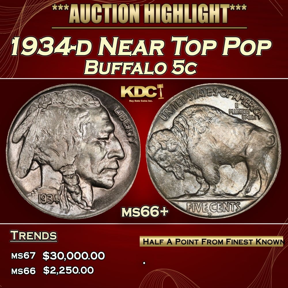 1934-d Buffalo Nickel Near Top Pop 5c ms66+ SEGS (1 of 3)