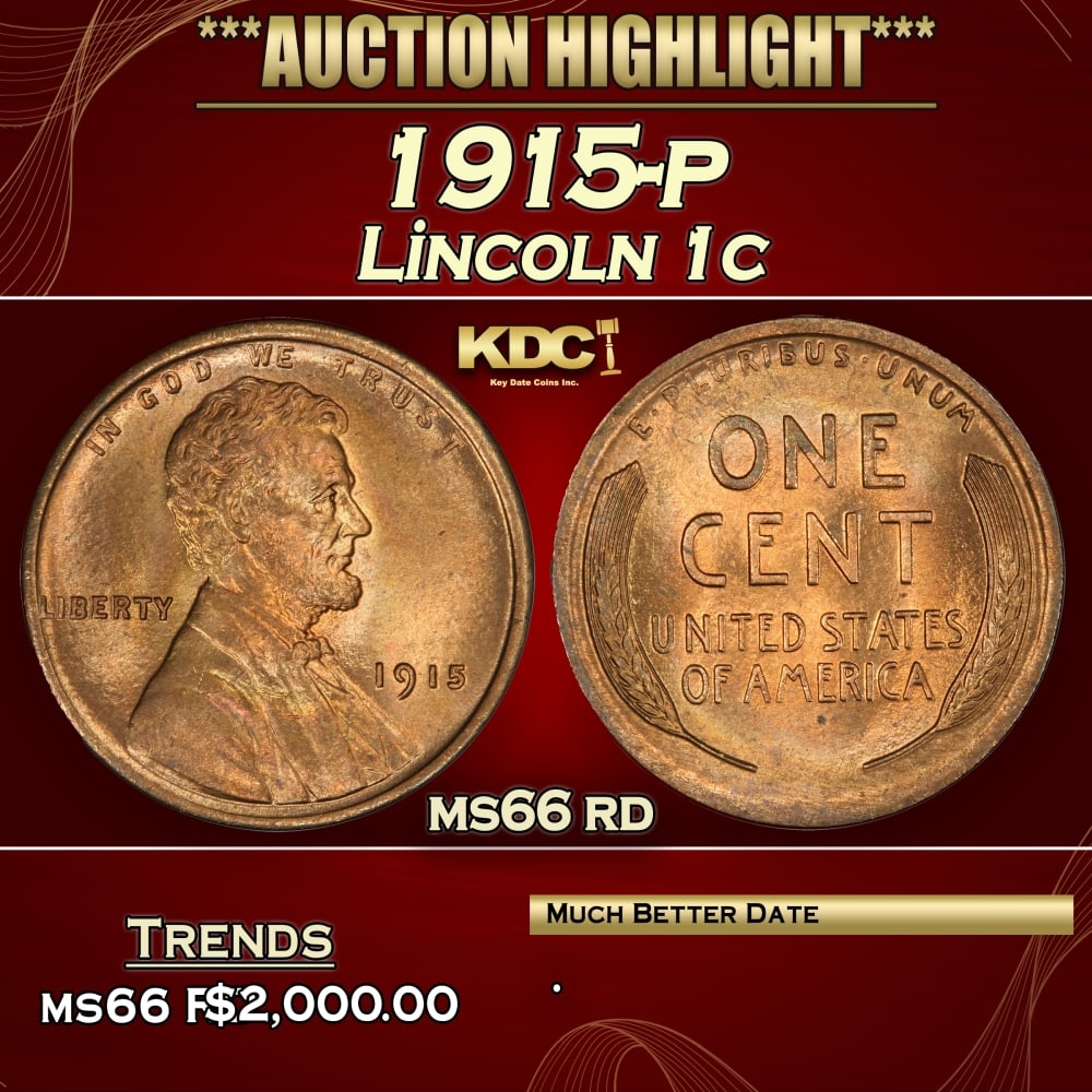 1915-p Lincoln Cent 1c ms66 rd SEGS (1 of 3)