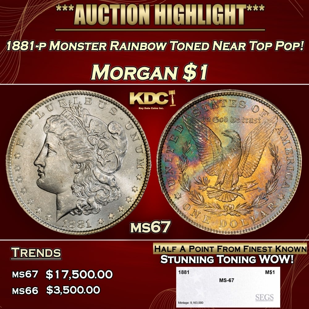 1881-p Morgan Dollar Monster Rainbow Toned Near Top Pop! $1 ms67 SEGS: 1881-p Monster Rainbow Toned Near Top Pop! Morgan Dollar $1 ms67 SEGS. 0